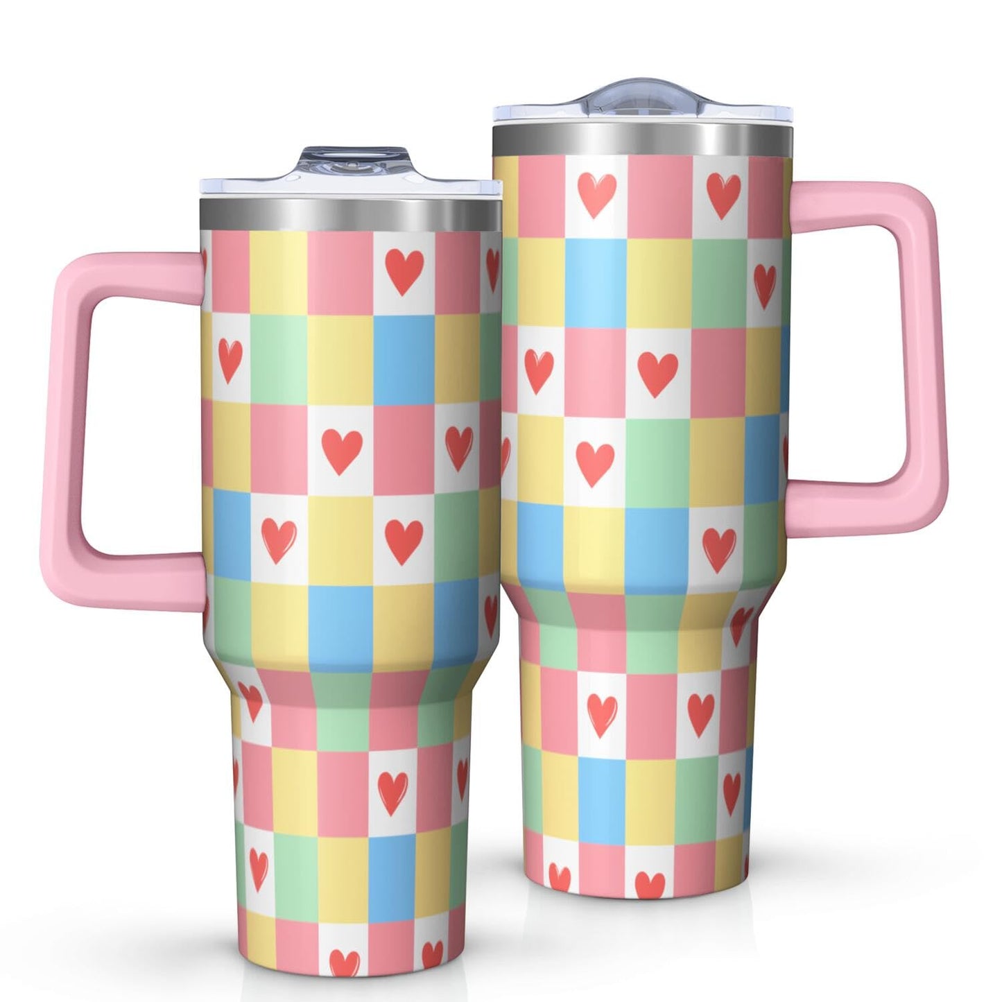 40oz Pink Leopard Print Tumbler with Handle，Cute Heart Pattern Insulated Stainless Steel Travel Mug, 24H Cold and 12H Hot, Valentine's Day Mothers Day Gift for Women