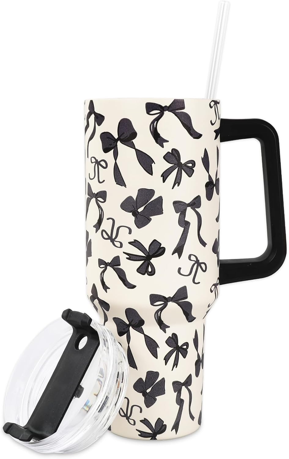 JarThenaAMCS Black Bow Tumbler with Lid and Straw 40oz Ribbon Bow Printed Tumbler with Handle Beige Black Stainless Steel Cup for Gift Home Office Travel