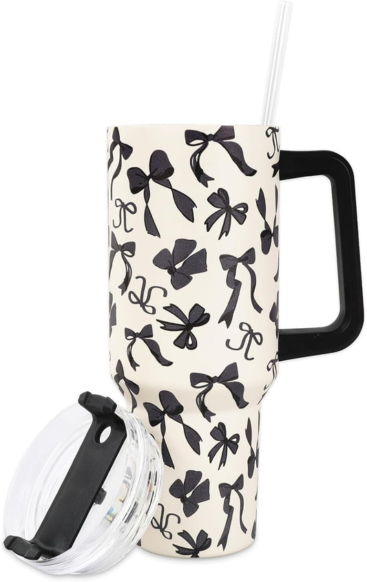 JarThenaAMCS Black Bow Tumbler with Lid and Straw 40oz Ribbon Bow Printed Tumbler with Handle Beige Black Stainless Steel Cup for Gift Home Office Travel