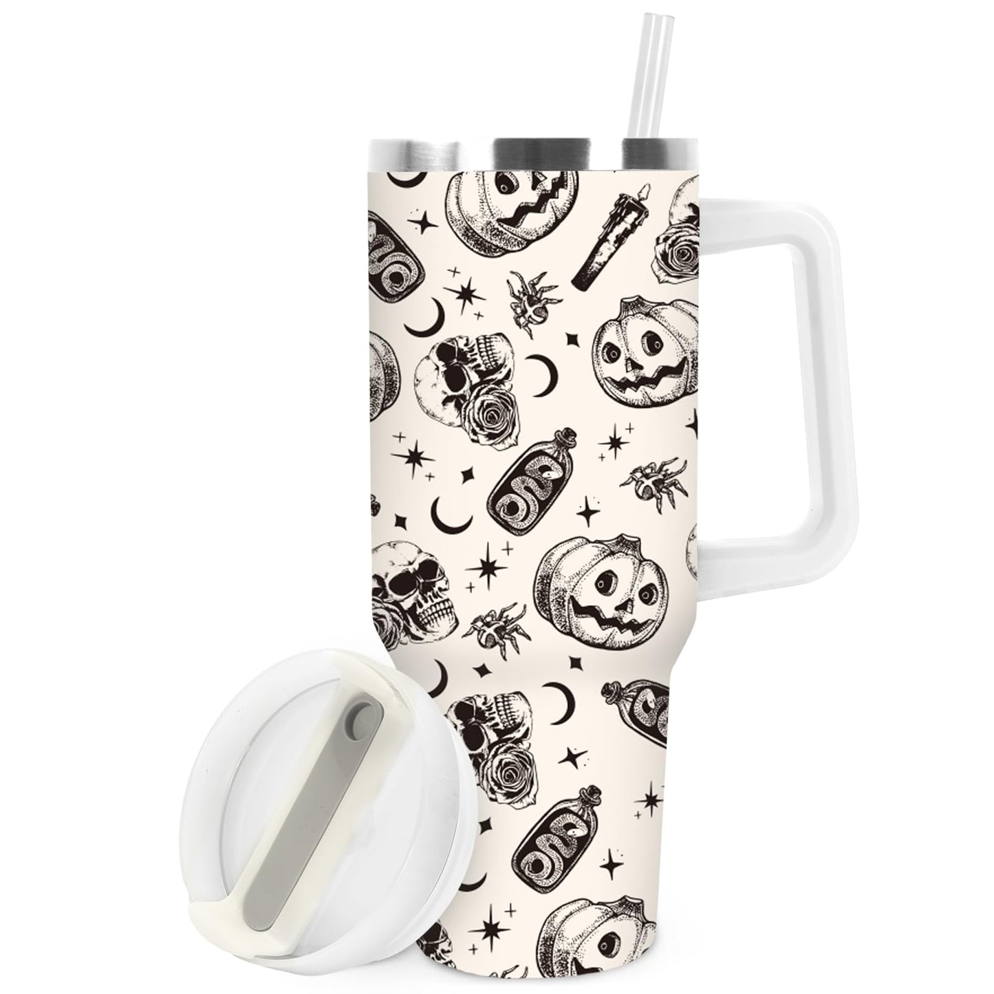JarThenaAMCS Black Bow Tumbler with Lid and Straw 40oz Ribbon Bow Printed Tumbler with Handle Beige Black Stainless Steel Cup for Gift Home Office Travel