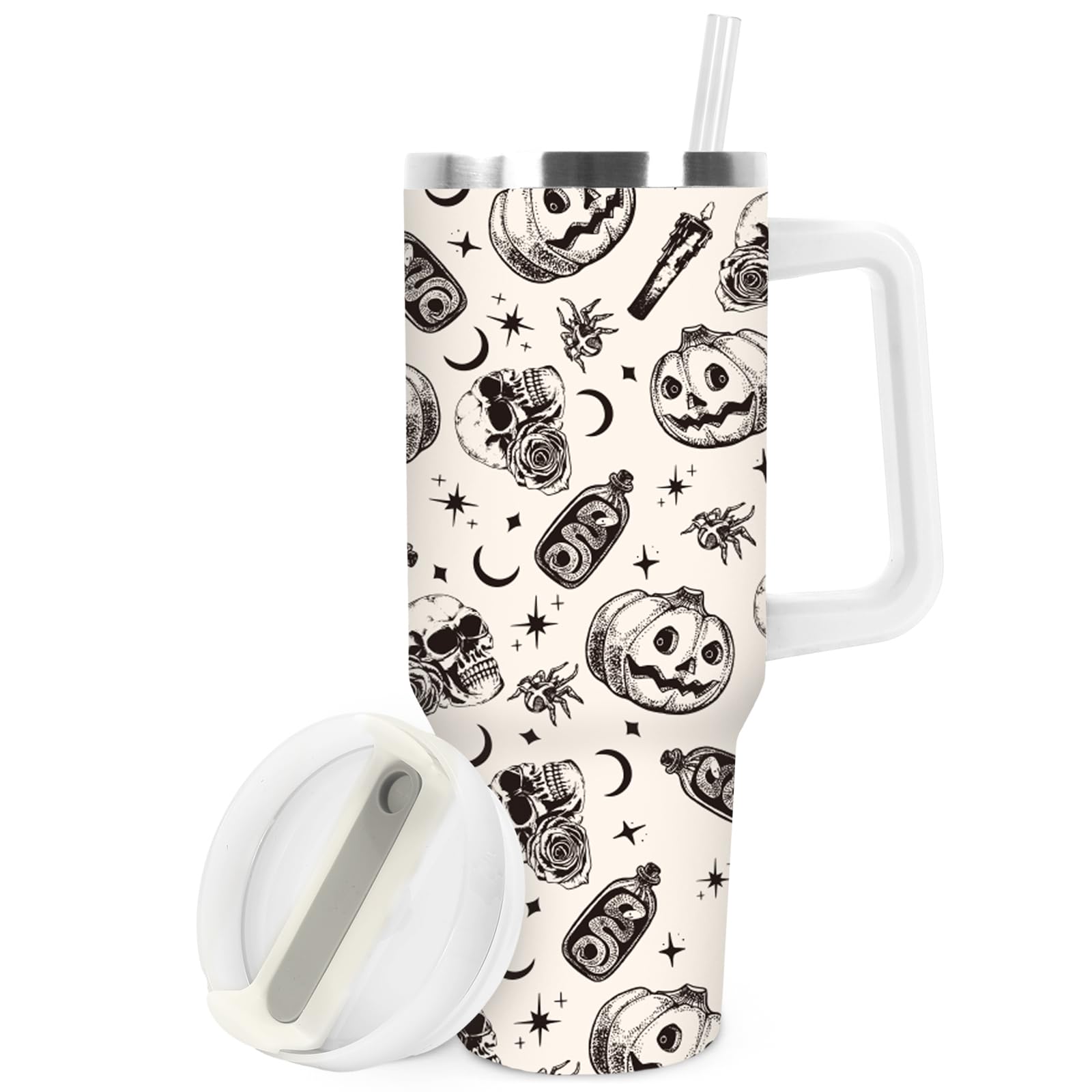 JarThenaAMCS Black Bow Tumbler with Lid and Straw 40oz Ribbon Bow Printed Tumbler with Handle Beige Black Stainless Steel Cup for Gift Home Office Travel