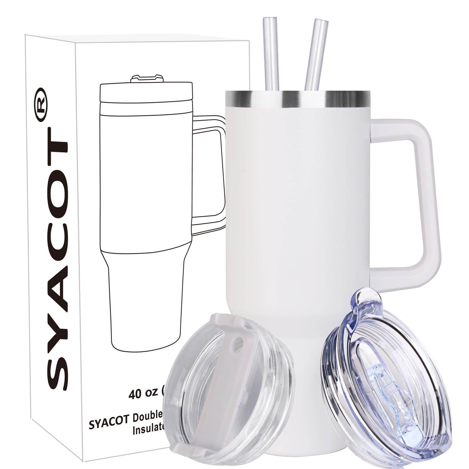 SYACOT 40 oz Tumbler with Handle and Straw Stainless Steel Insulated Tumbler Leak Proof Lid and Straw Lid Reusable Travel Mug Coffee Mug Cup Dishwasher Safe Keep Drinks Cold and Hot (Ceramics)