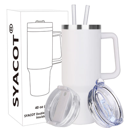 SYACOT 40 oz Tumbler with Handle and Straw Stainless Steel Insulated Tumbler Leak Proof Lid and Straw Lid Reusable Travel Mug Coffee Mug Cup Dishwasher Safe Keep Drinks Cold and Hot (Ceramics)
