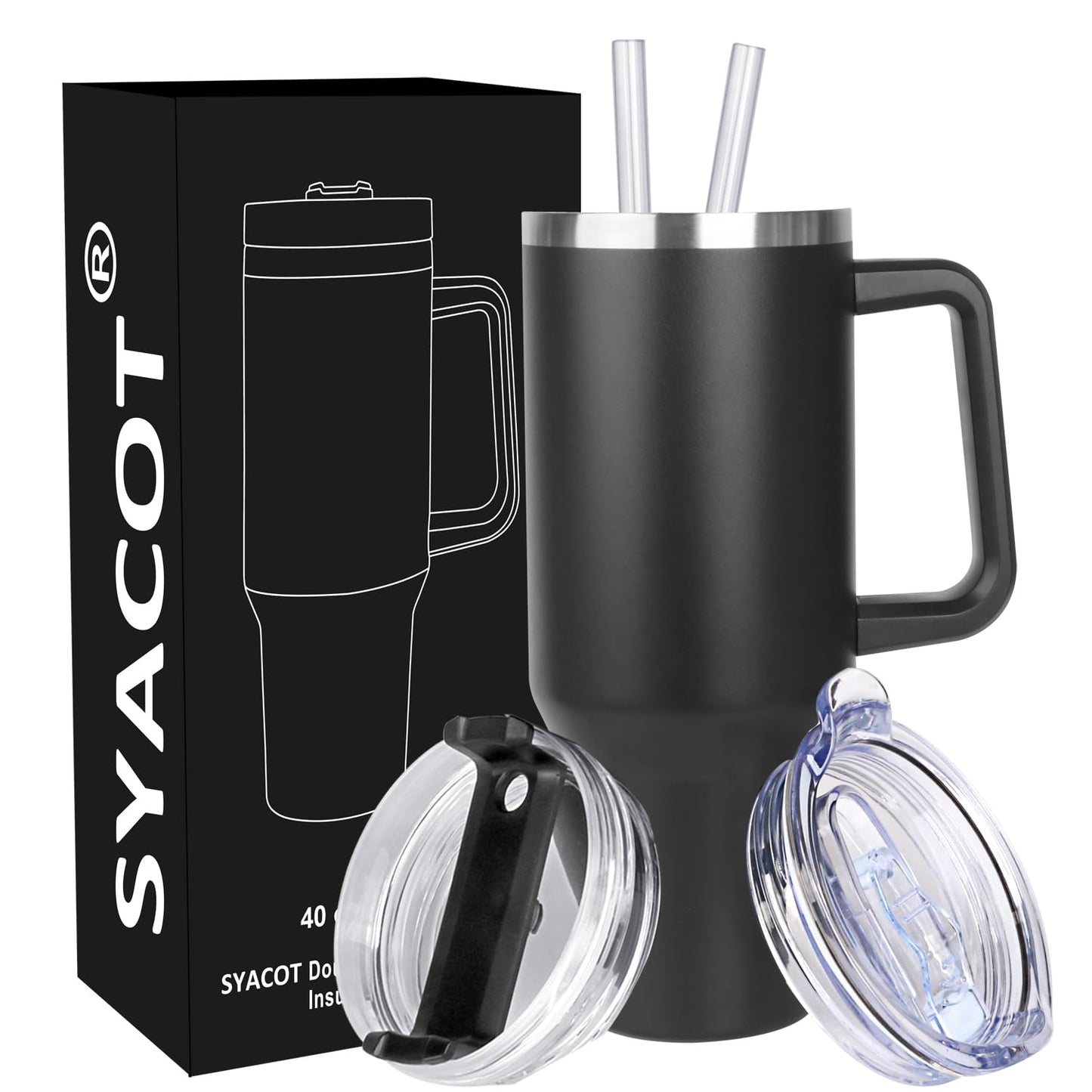 SYACOT 40 oz Tumbler with Handle and Straw Stainless Steel Insulated Tumbler Leak Proof Lid and Straw Lid Reusable Travel Mug Coffee Mug Cup Dishwasher Safe Keep Drinks Cold and Hot (Ceramics)