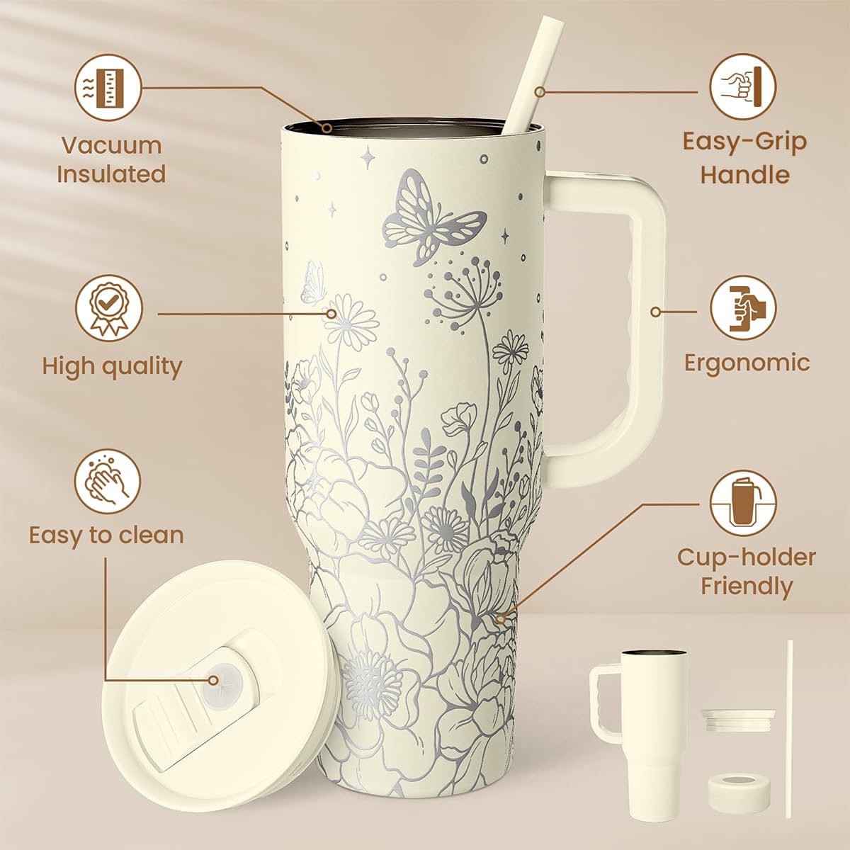 Floral Tumbler with Handle 40oz, Stainless Steel Insulated Tumblers Coffee Travel Mug Cup with Straw, Flower Coffee Cup Gifts for Women Girls, Gift for Her on Christmas Birthday Mothers Day