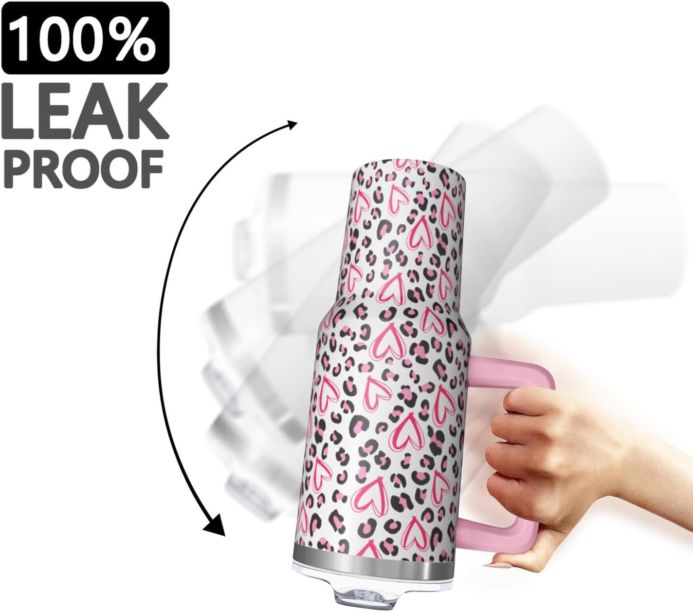 40oz Pink Leopard Print Tumbler with Handle，Cute Heart Pattern Insulated Stainless Steel Travel Mug, 24H Cold and 12H Hot, Valentine's Day Mothers Day Gift for Women
