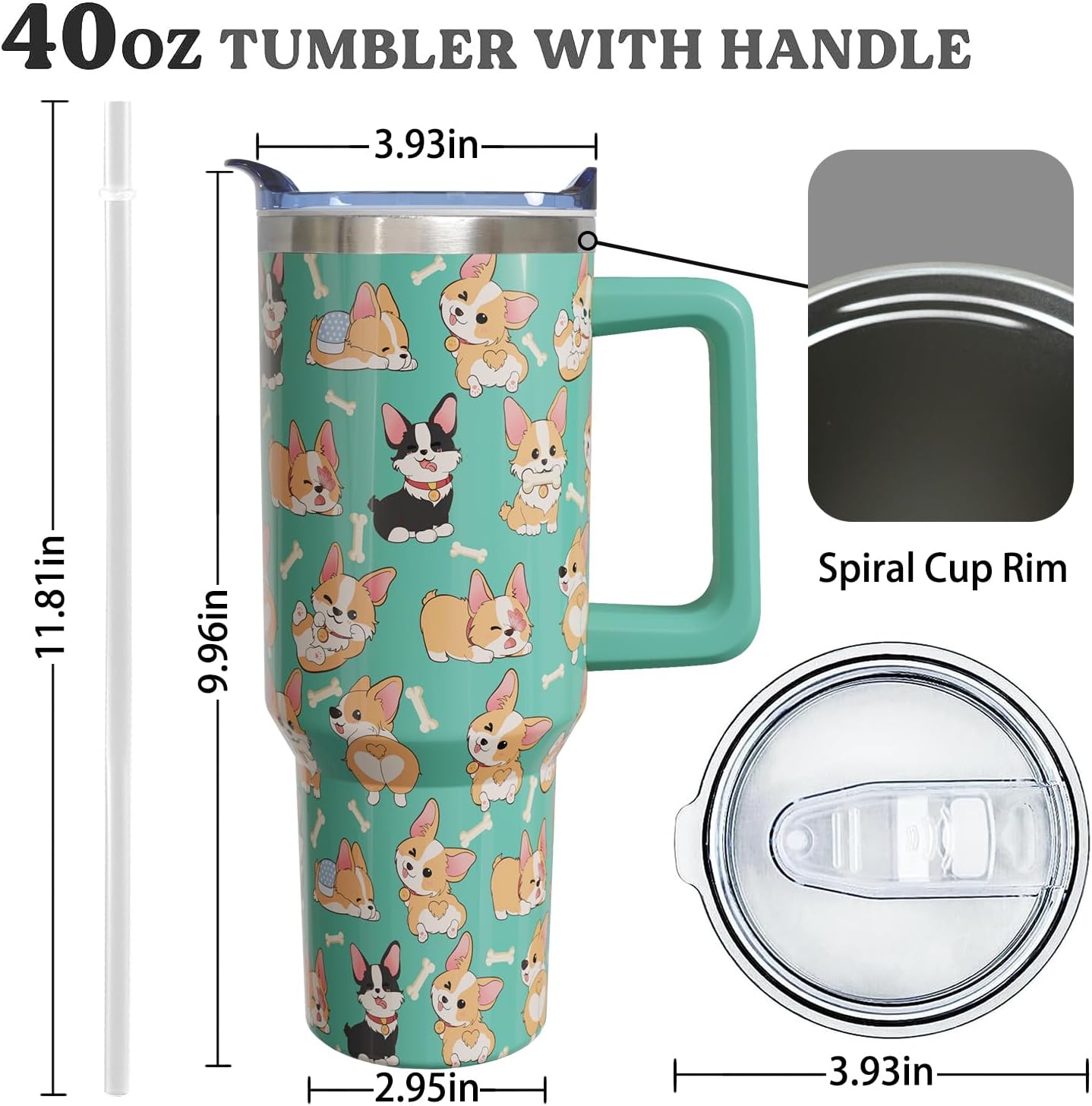40 oz Corgi Tumbler with Handle Corgi Gifts for Women Insulated Stainless Steel Coffee Cup with Straw Travel Mug with Lid Water Bottle For Kids