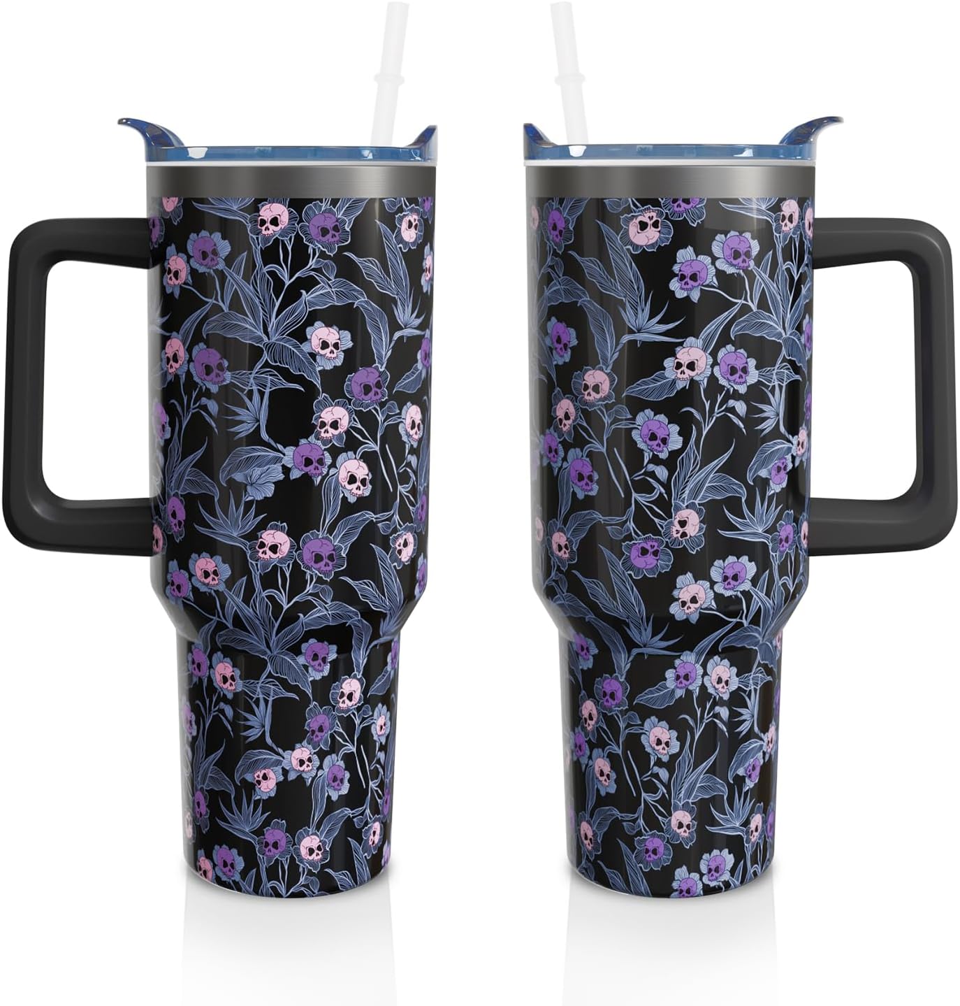 40oz Halloween Gothic Tumbler with Handle and Straw, Goth Skull Stainless Steel Insulated Cup Water Bottle, Halloween Holiday Gifts for Women Men (1PC)