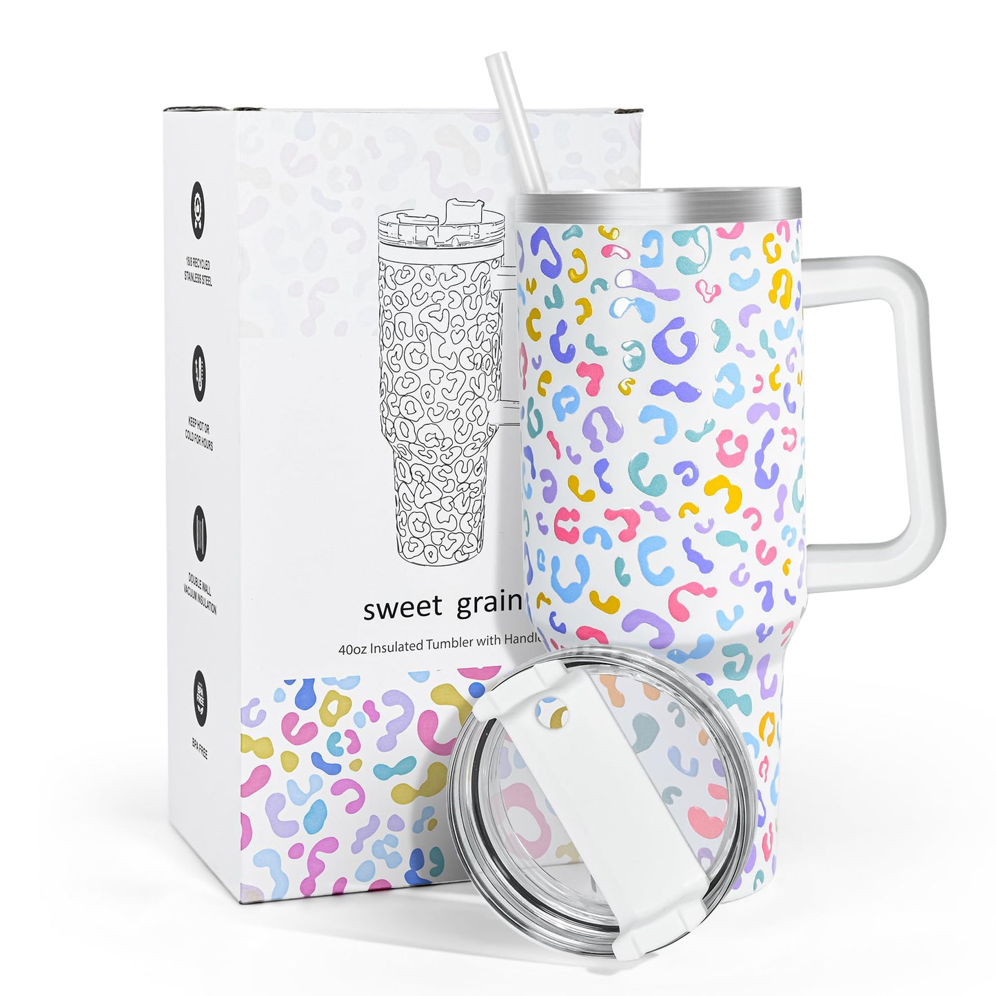 sweet grain 40 oz Tumbler with Handle and Straw, Stainless Steel White Leopard Print Tumbler and Straw Lid, Double Vacuum Cheetah Cup, Keeps Drinks Cold Up to 24 Hours