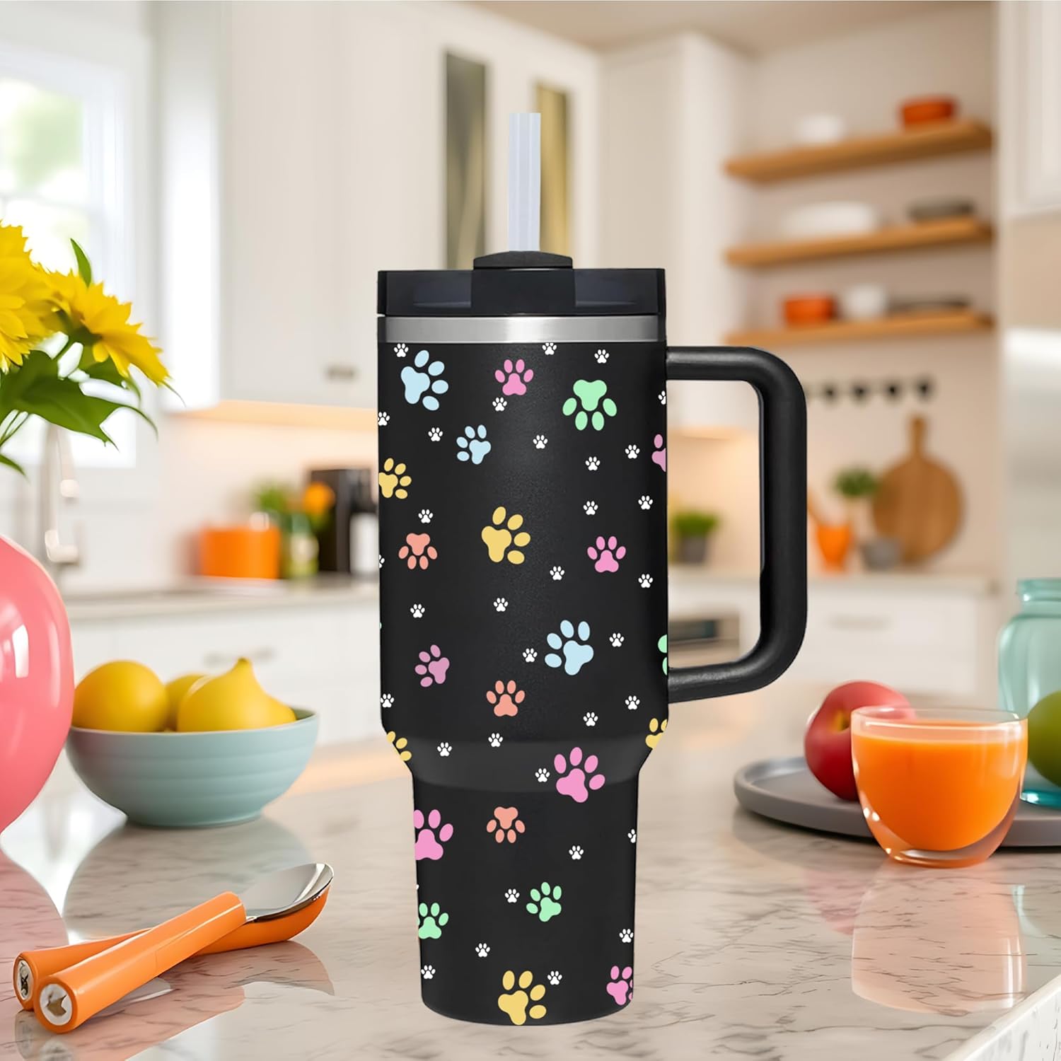 AMZUShome 40 OZ Paw Tumbler with Handle.Dog Cat Lover Paw Gifts.Unique Birthday Christmas Gifts for Dog Cat Paws Lover.Personalized 40 OZ Paws Tumbler Gifts for Women Men.