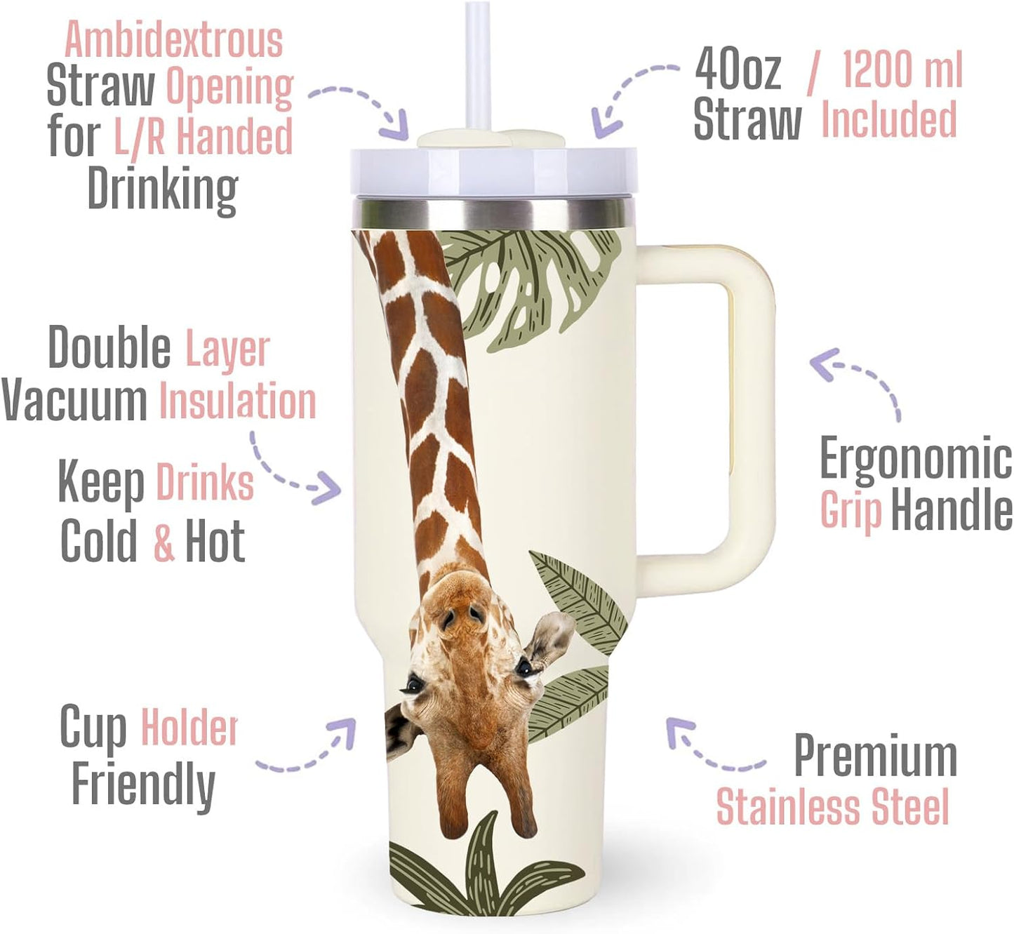 momocici 40oz Giraffe Tumbler with Handle Gifts for Women.Giraffe Lover Cups Tumbler Gifts for Women.40 oz Birthday Christmas Giraffe Cup Tumblers for Giraffes Lover.