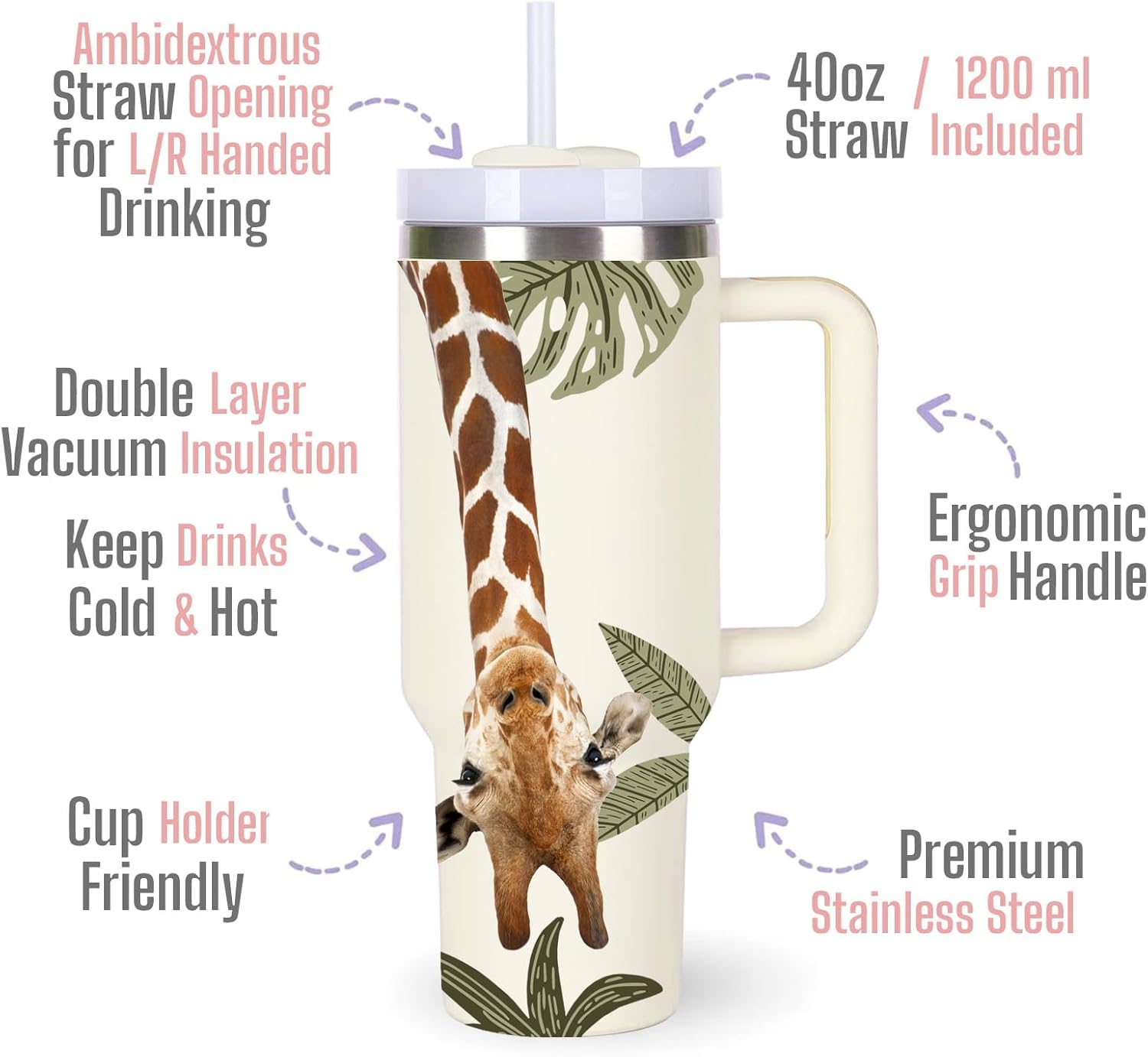 momocici 40oz Giraffe Tumbler with Handle Gifts for Women.Giraffe Lover Cups Tumbler Gifts for Women.40 oz Birthday Christmas Giraffe Cup Tumblers for Giraffes Lover.