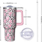 40oz Pink Leopard Print Tumbler with Handle，Cute Heart Pattern Insulated Stainless Steel Travel Mug, 24H Cold and 12H Hot, Valentine's Day Mothers Day Gift for Women