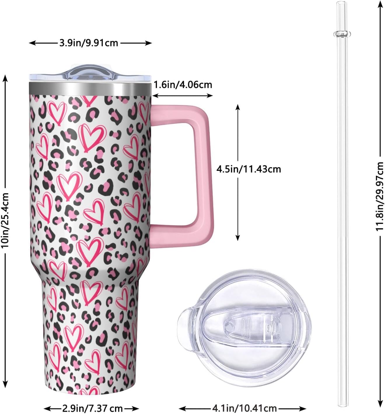 40oz Pink Leopard Print Tumbler with Handle，Cute Heart Pattern Insulated Stainless Steel Travel Mug, 24H Cold and 12H Hot, Valentine's Day Mothers Day Gift for Women