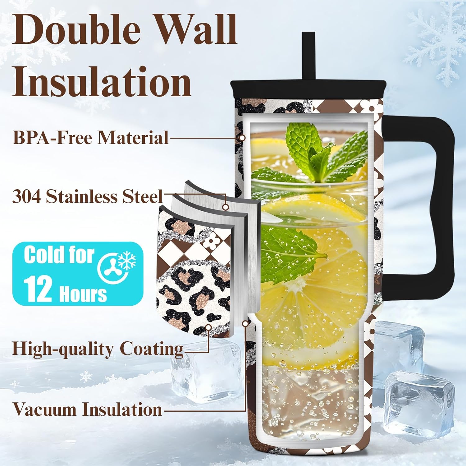 Leopard Print Tumbler 40oz with Handle and Straw - Animal Print Coffee Cup for Women, Wild Print Travel Mug, Insulated Spill Proof Cup, Cute Water Bottle