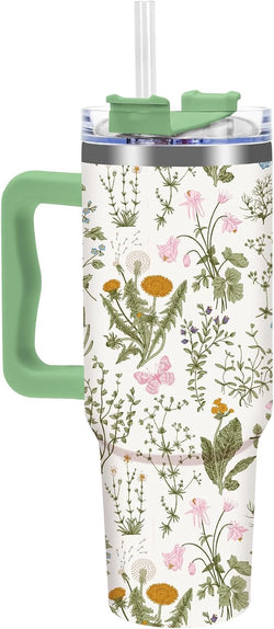 40Oz Vintage Wildflower Tumbler with Straw & Lid Green Floral Stainless Steel Travel Coffee Tumbler Drinking Cup with Handle for Spring Party Favor Supplies