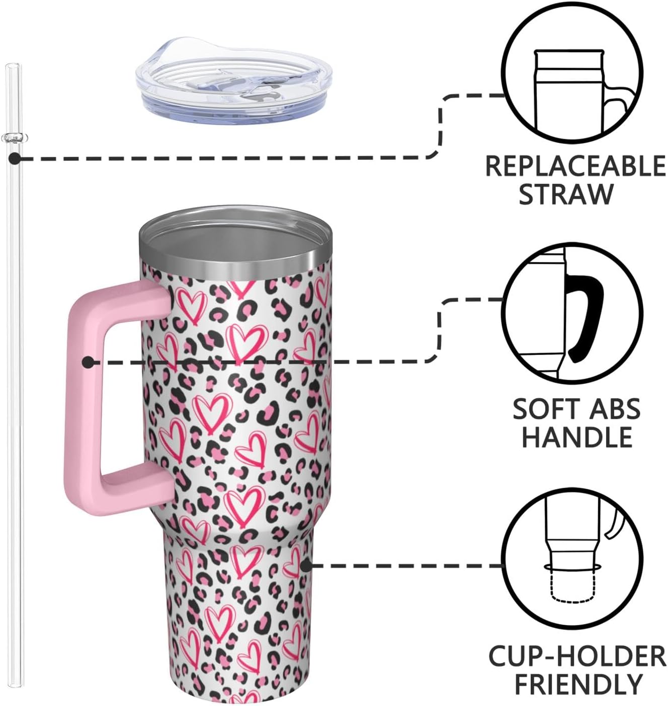 40oz Pink Leopard Print Tumbler with Handle，Cute Heart Pattern Insulated Stainless Steel Travel Mug, 24H Cold and 12H Hot, Valentine's Day Mothers Day Gift for Women