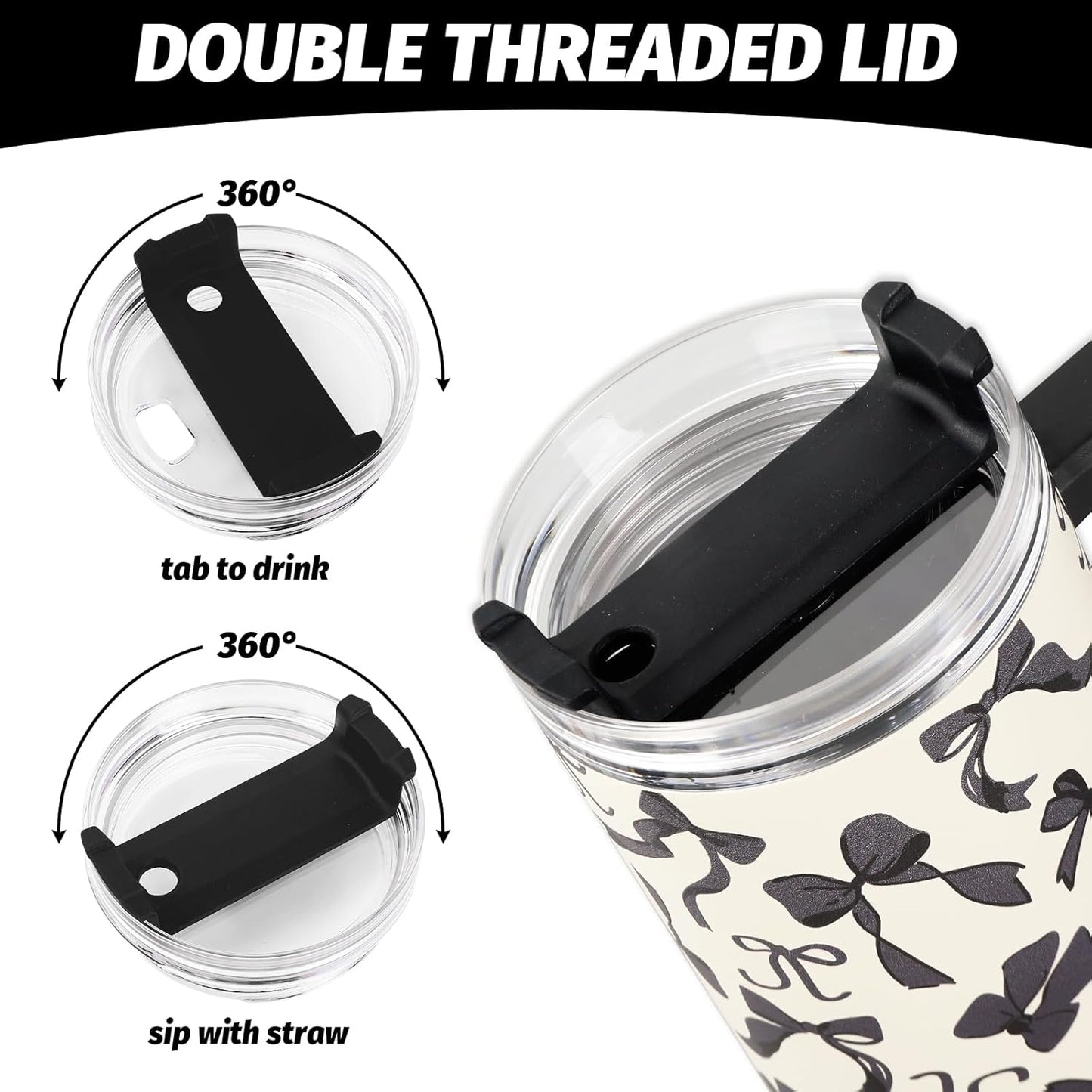 JarThenaAMCS Black Bow Tumbler with Lid and Straw 40oz Ribbon Bow Printed Tumbler with Handle Beige Black Stainless Steel Cup for Gift Home Office Travel