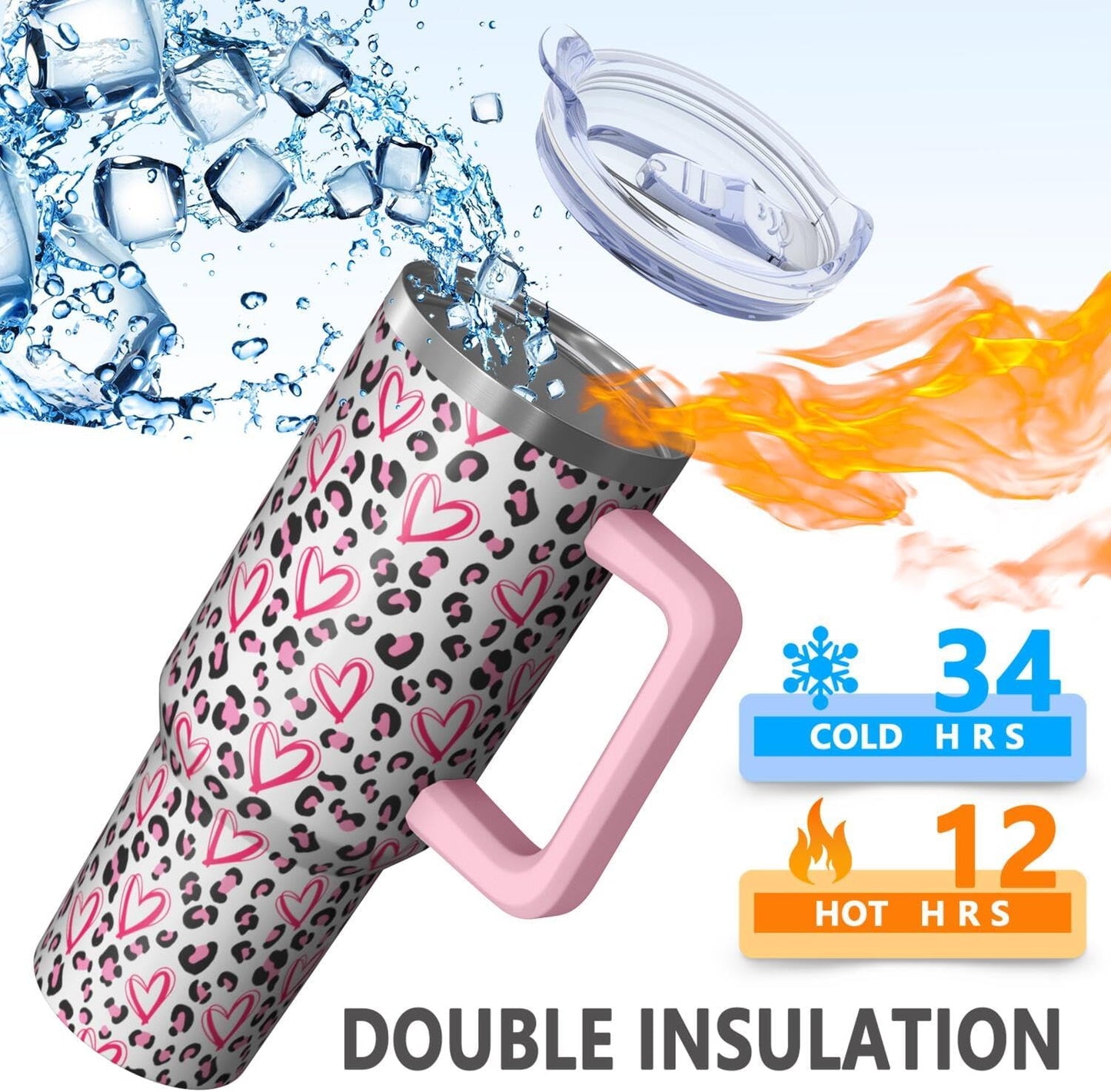40oz Pink Leopard Print Tumbler with Handle，Cute Heart Pattern Insulated Stainless Steel Travel Mug, 24H Cold and 12H Hot, Valentine's Day Mothers Day Gift for Women