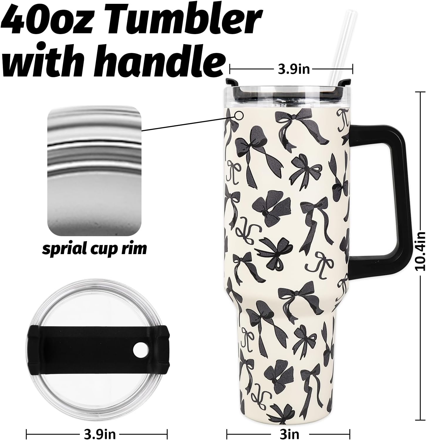JarThenaAMCS Black Bow Tumbler with Lid and Straw 40oz Ribbon Bow Printed Tumbler with Handle Beige Black Stainless Steel Cup for Gift Home Office Travel