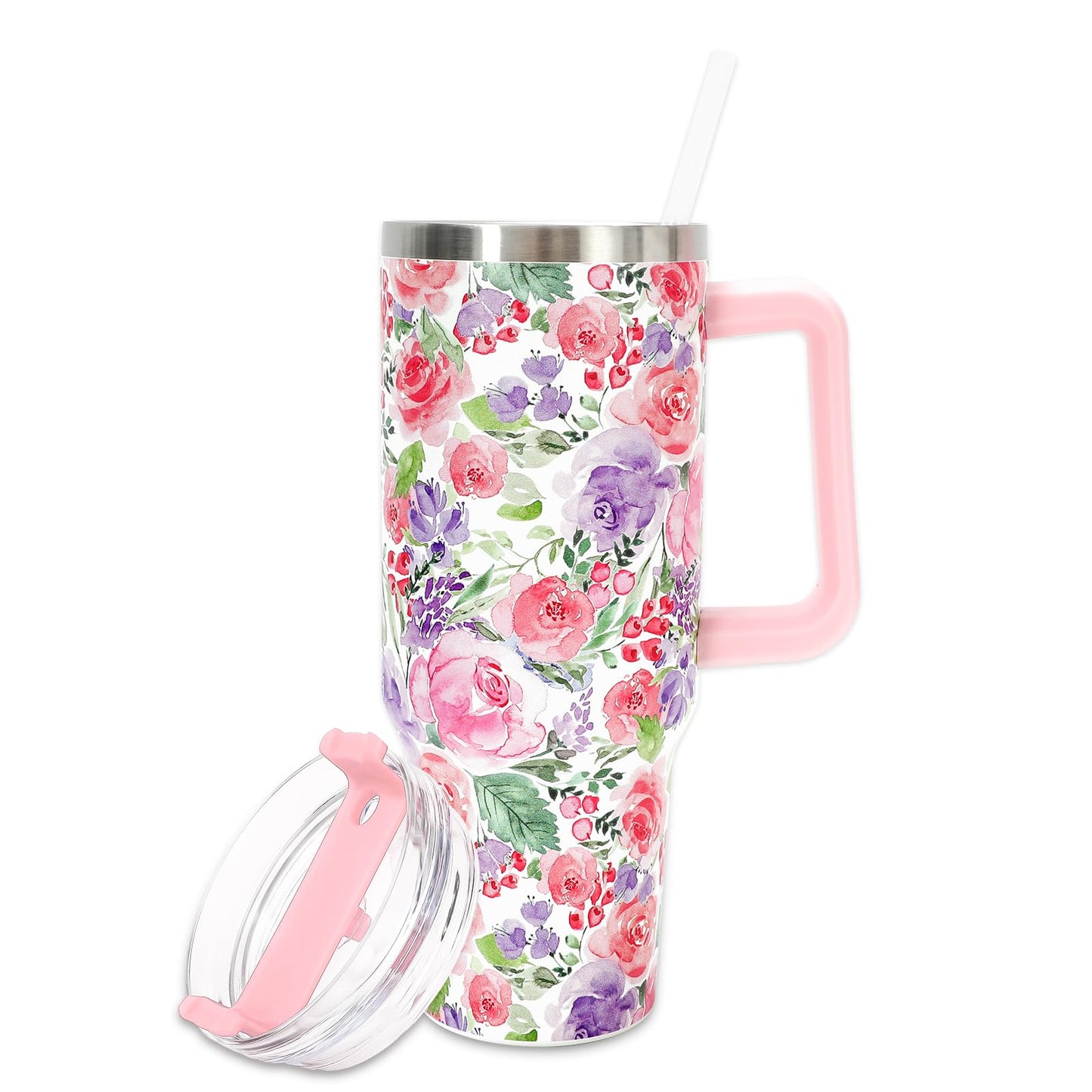 JarThenaAMCS Black Bow Tumbler with Lid and Straw 40oz Ribbon Bow Printed Tumbler with Handle Beige Black Stainless Steel Cup for Gift Home Office Travel