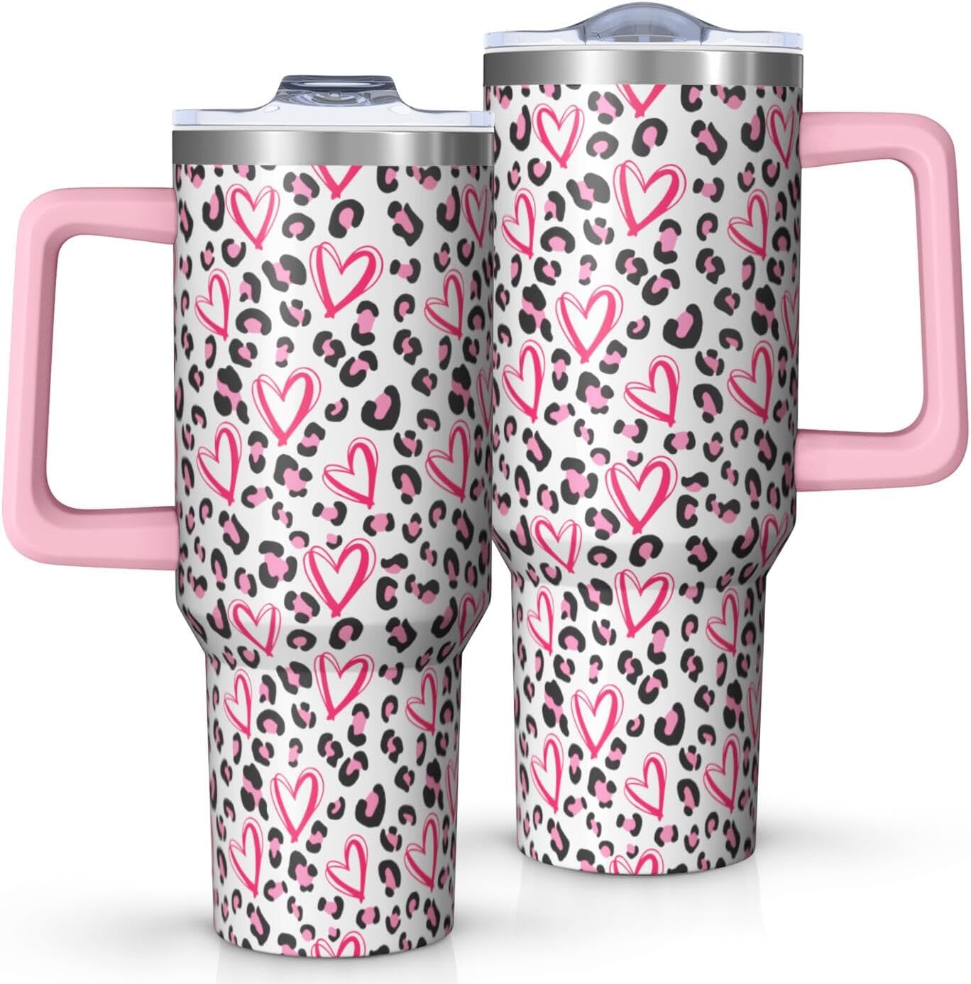 40oz Pink Leopard Print Tumbler with Handle，Cute Heart Pattern Insulated Stainless Steel Travel Mug, 24H Cold and 12H Hot, Valentine's Day Mothers Day Gift for Women