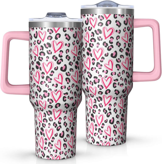 40oz Pink Leopard Print Tumbler with Handle，Cute Heart Pattern Insulated Stainless Steel Travel Mug, 24H Cold and 12H Hot, Valentine's Day Mothers Day Gift for Women