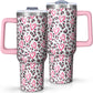 40oz Pink Leopard Print Tumbler with Handle，Cute Heart Pattern Insulated Stainless Steel Travel Mug, 24H Cold and 12H Hot, Valentine's Day Mothers Day Gift for Women