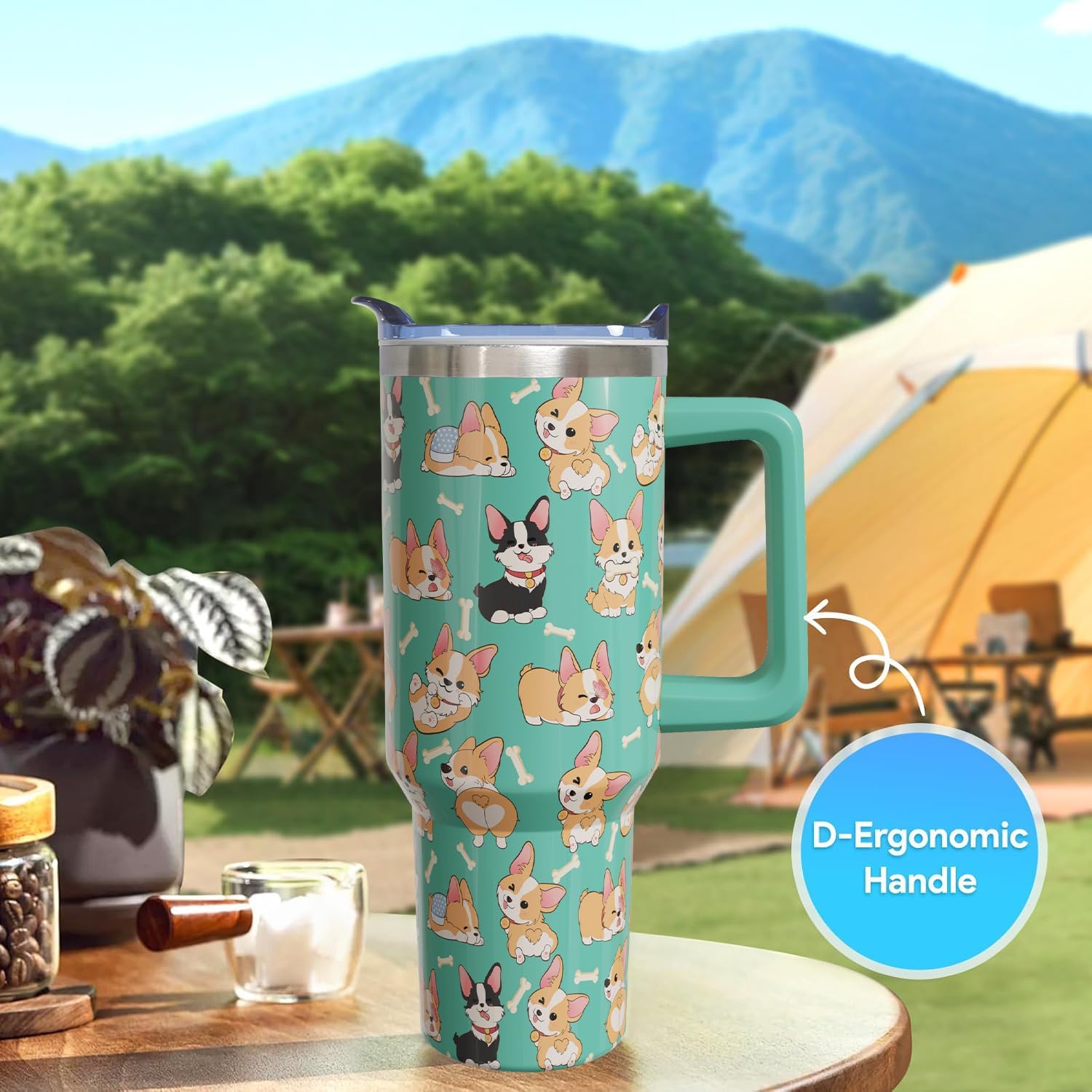 40 oz Corgi Tumbler with Handle Corgi Gifts for Women Insulated Stainless Steel Coffee Cup with Straw Travel Mug with Lid Water Bottle For Kids