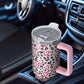 40oz Pink Leopard Print Tumbler with Handle，Cute Heart Pattern Insulated Stainless Steel Travel Mug, 24H Cold and 12H Hot, Valentine's Day Mothers Day Gift for Women
