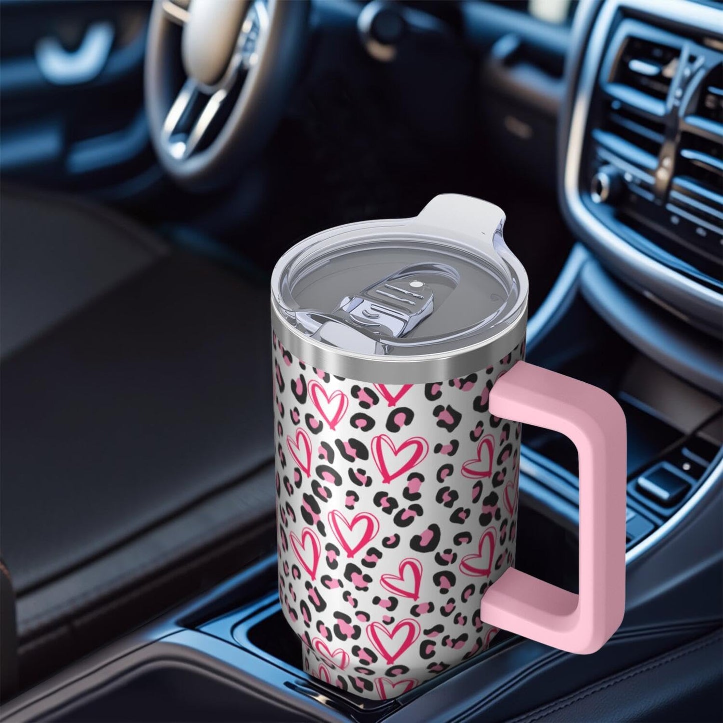 40oz Pink Leopard Print Tumbler with Handle，Cute Heart Pattern Insulated Stainless Steel Travel Mug, 24H Cold and 12H Hot, Valentine's Day Mothers Day Gift for Women
