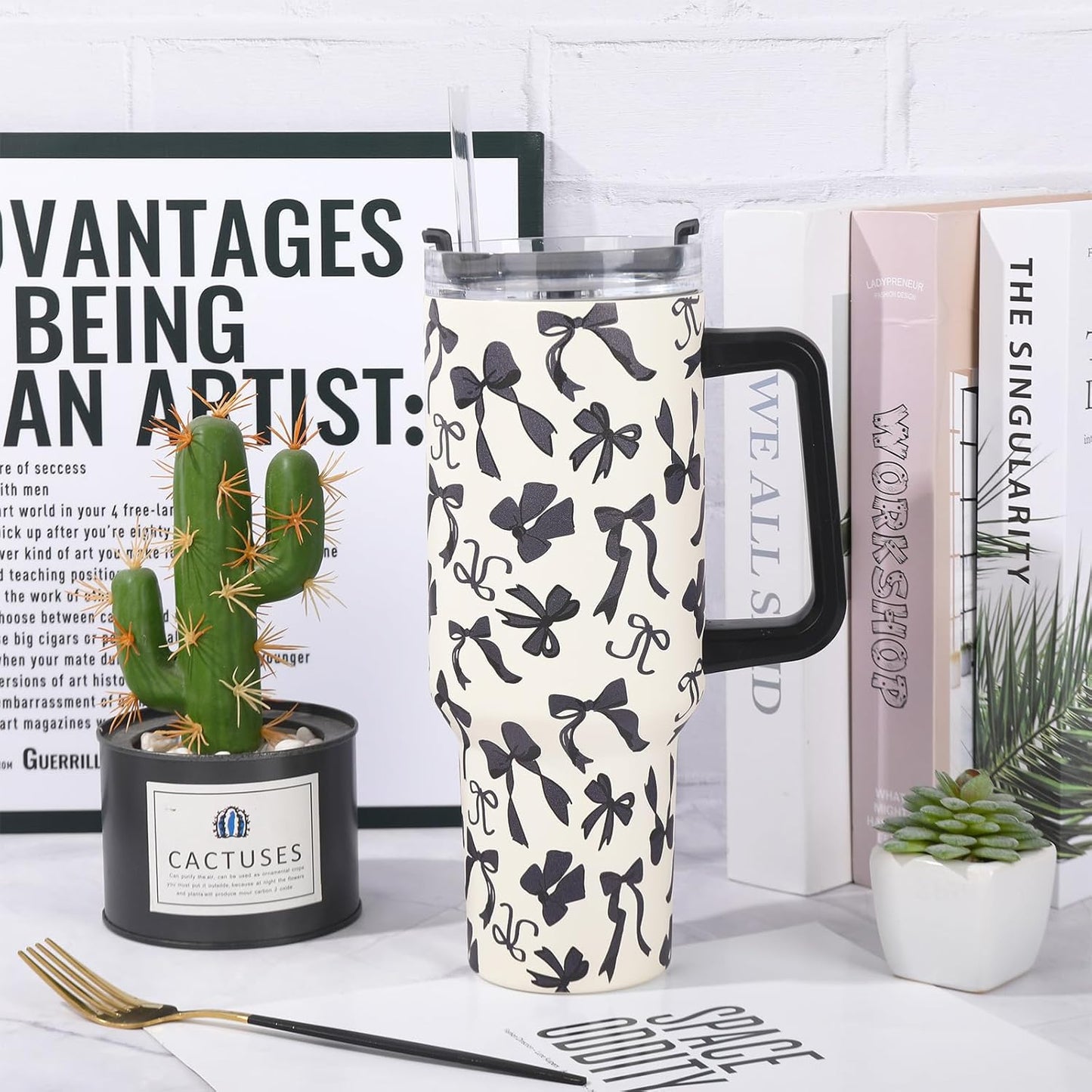 JarThenaAMCS Black Bow Tumbler with Lid and Straw 40oz Ribbon Bow Printed Tumbler with Handle Beige Black Stainless Steel Cup for Gift Home Office Travel