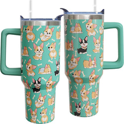 40 oz Corgi Tumbler with Handle Corgi Gifts for Women Insulated Stainless Steel Coffee Cup with Straw Travel Mug with Lid Water Bottle For Kids