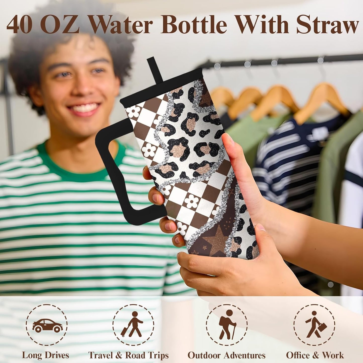 Leopard Print Tumbler 40oz with Handle and Straw - Animal Print Coffee Cup for Women, Wild Print Travel Mug, Insulated Spill Proof Cup, Cute Water Bottle