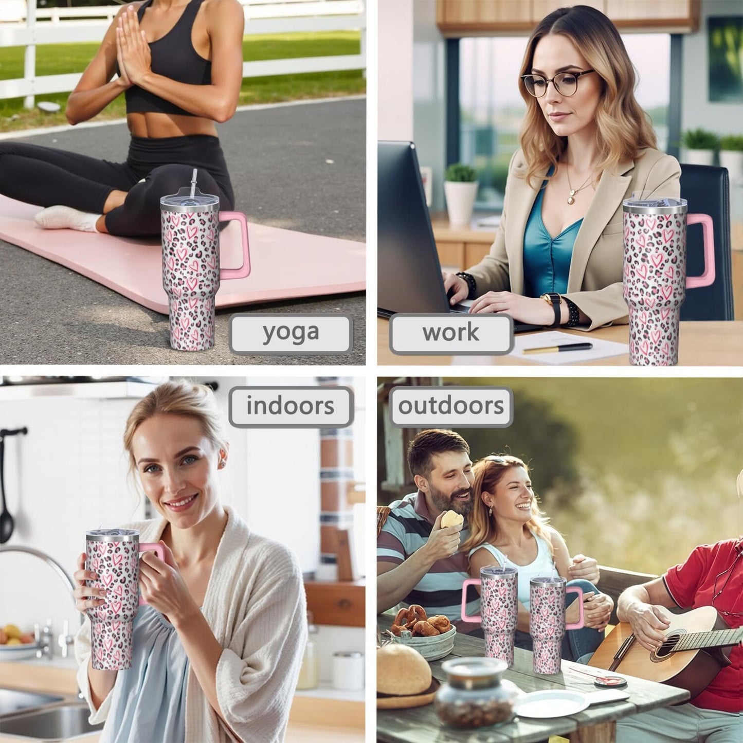 40oz Pink Leopard Print Tumbler with Handle，Cute Heart Pattern Insulated Stainless Steel Travel Mug, 24H Cold and 12H Hot, Valentine's Day Mothers Day Gift for Women