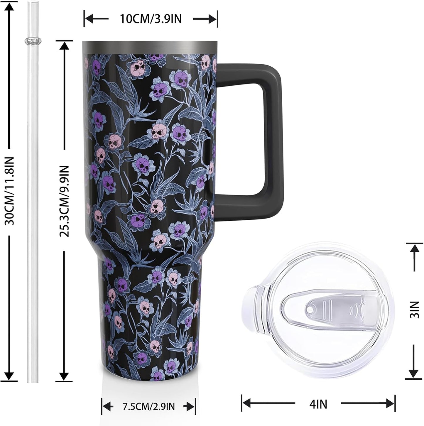 40oz Halloween Gothic Tumbler with Handle and Straw, Goth Skull Stainless Steel Insulated Cup Water Bottle, Halloween Holiday Gifts for Women Men (1PC)