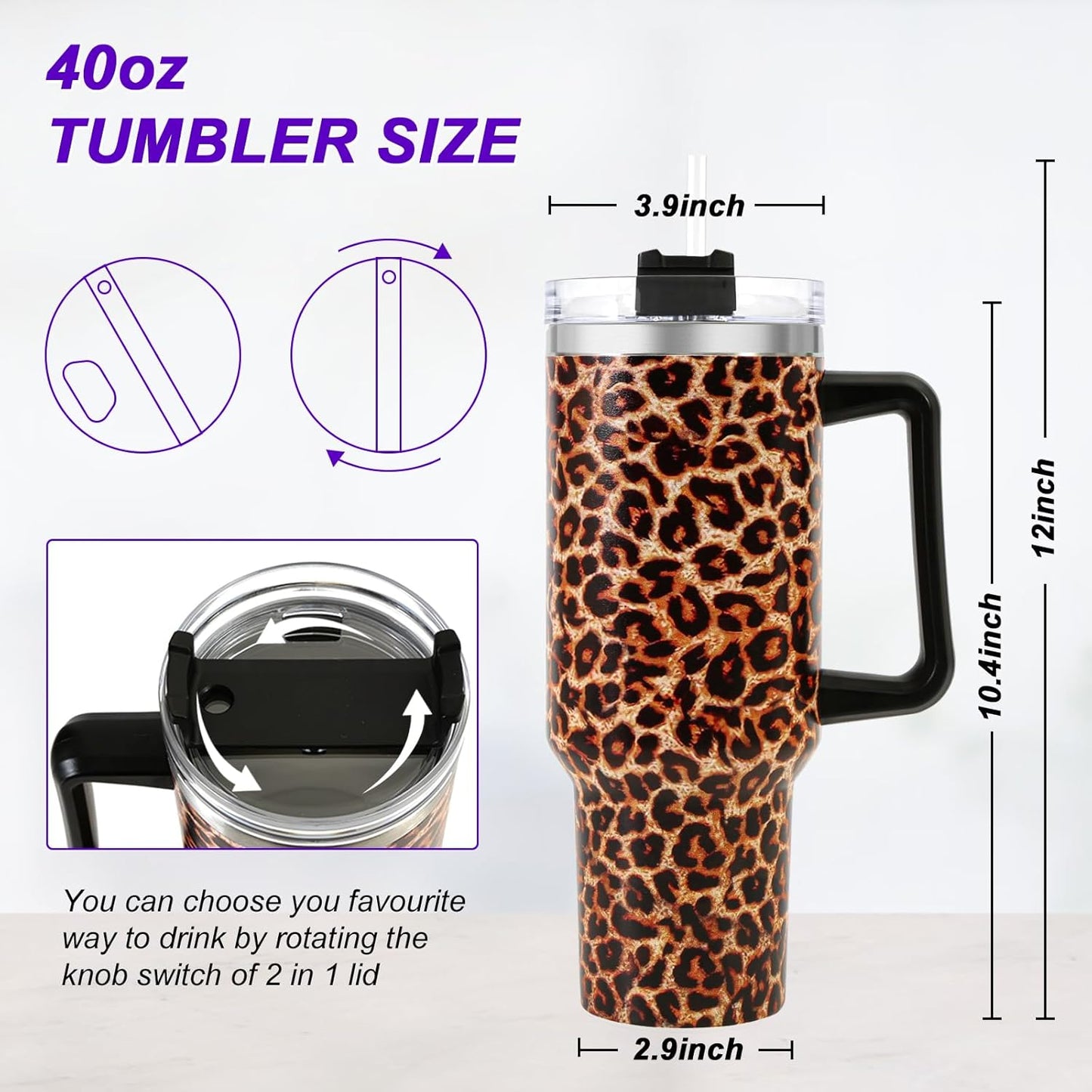40 oz Tumbler with Handle and Flip Straw Lid, Vacuum Insulated Leak Proof Double Walled Stainless Steel Travel Mug Tumblers, Maintains Cold Ice and Heat for Hours(Leopard Brown Tumbler)