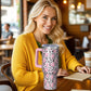 40oz Pink Leopard Print Tumbler with Handle，Cute Heart Pattern Insulated Stainless Steel Travel Mug, 24H Cold and 12H Hot, Valentine's Day Mothers Day Gift for Women