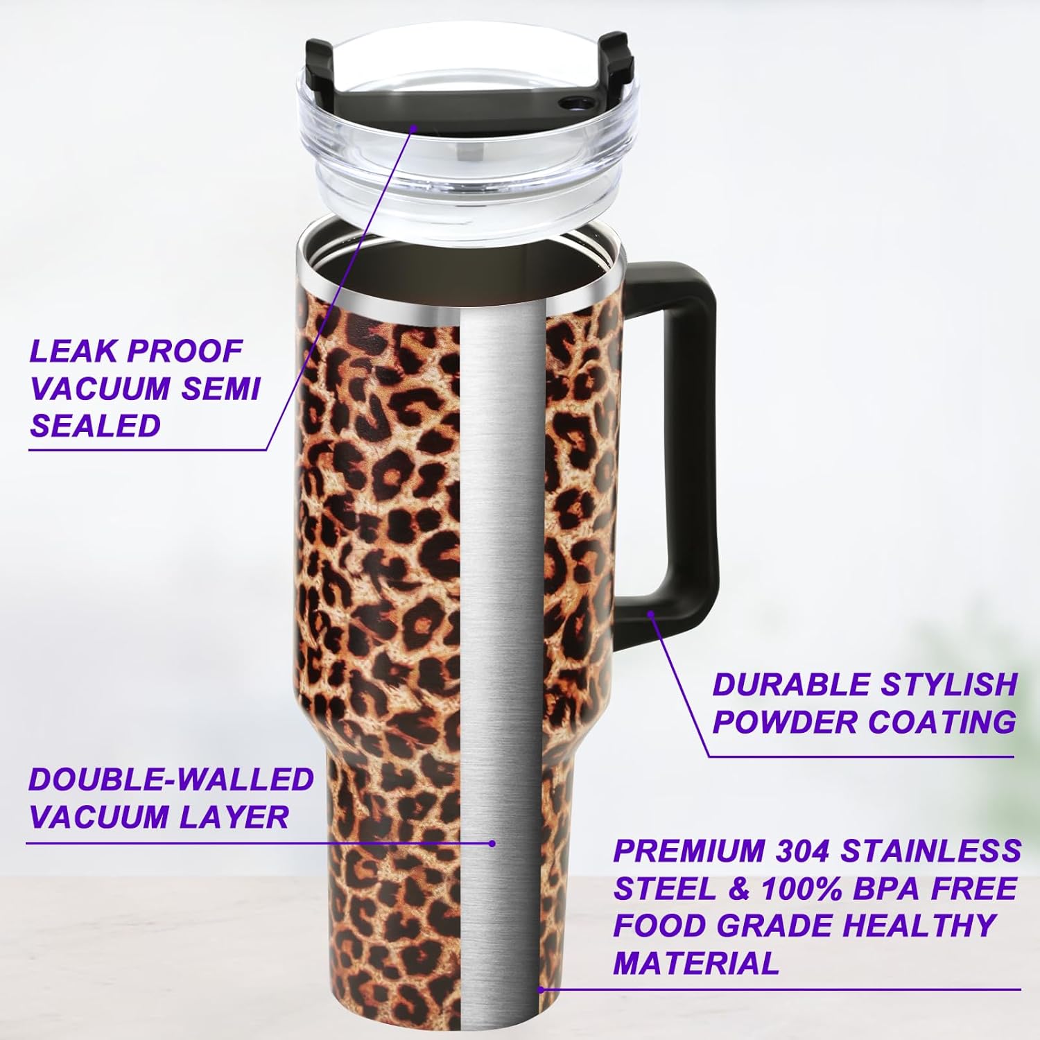 40 oz Tumbler with Handle and Flip Straw Lid, Vacuum Insulated Leak Proof Double Walled Stainless Steel Travel Mug Tumblers, Maintains Cold Ice and Heat for Hours(Leopard Brown Tumbler)