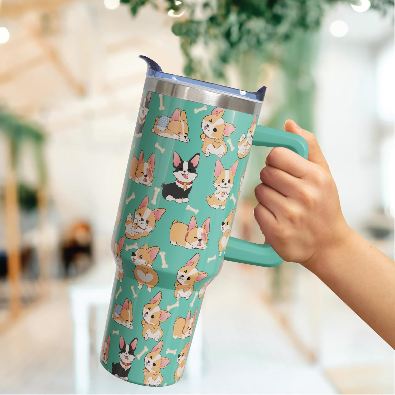 40 oz Corgi Tumbler with Handle Corgi Gifts for Women Insulated Stainless Steel Coffee Cup with Straw Travel Mug with Lid Water Bottle For Kids