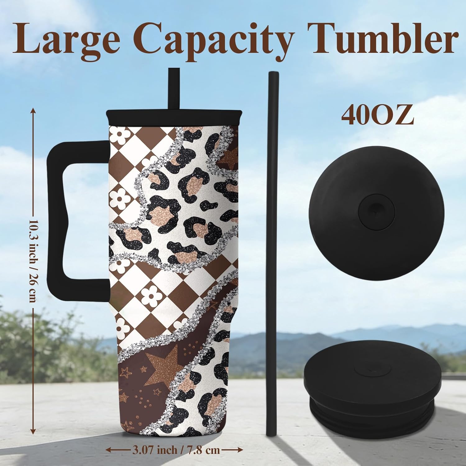 Leopard Print Tumbler 40oz with Handle and Straw - Animal Print Coffee Cup for Women, Wild Print Travel Mug, Insulated Spill Proof Cup, Cute Water Bottle