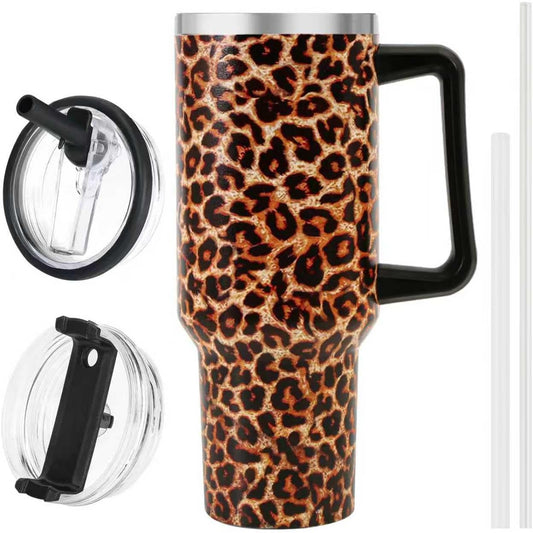 40 oz Tumbler with Handle and Flip Straw Lid, Vacuum Insulated Leak Proof Double Walled Stainless Steel Travel Mug Tumblers, Maintains Cold Ice and Heat for Hours(Leopard Brown Tumbler)