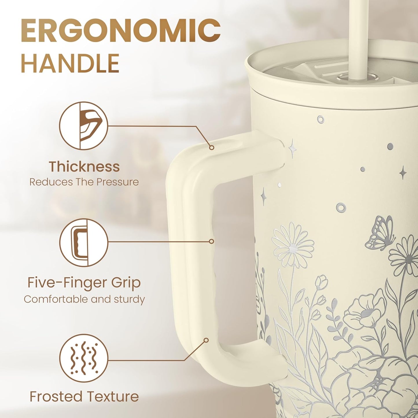 Floral Tumbler with Handle 40oz, Stainless Steel Insulated Tumblers Coffee Travel Mug Cup with Straw, Flower Coffee Cup Gifts for Women Girls, Gift for Her on Christmas Birthday Mothers Day