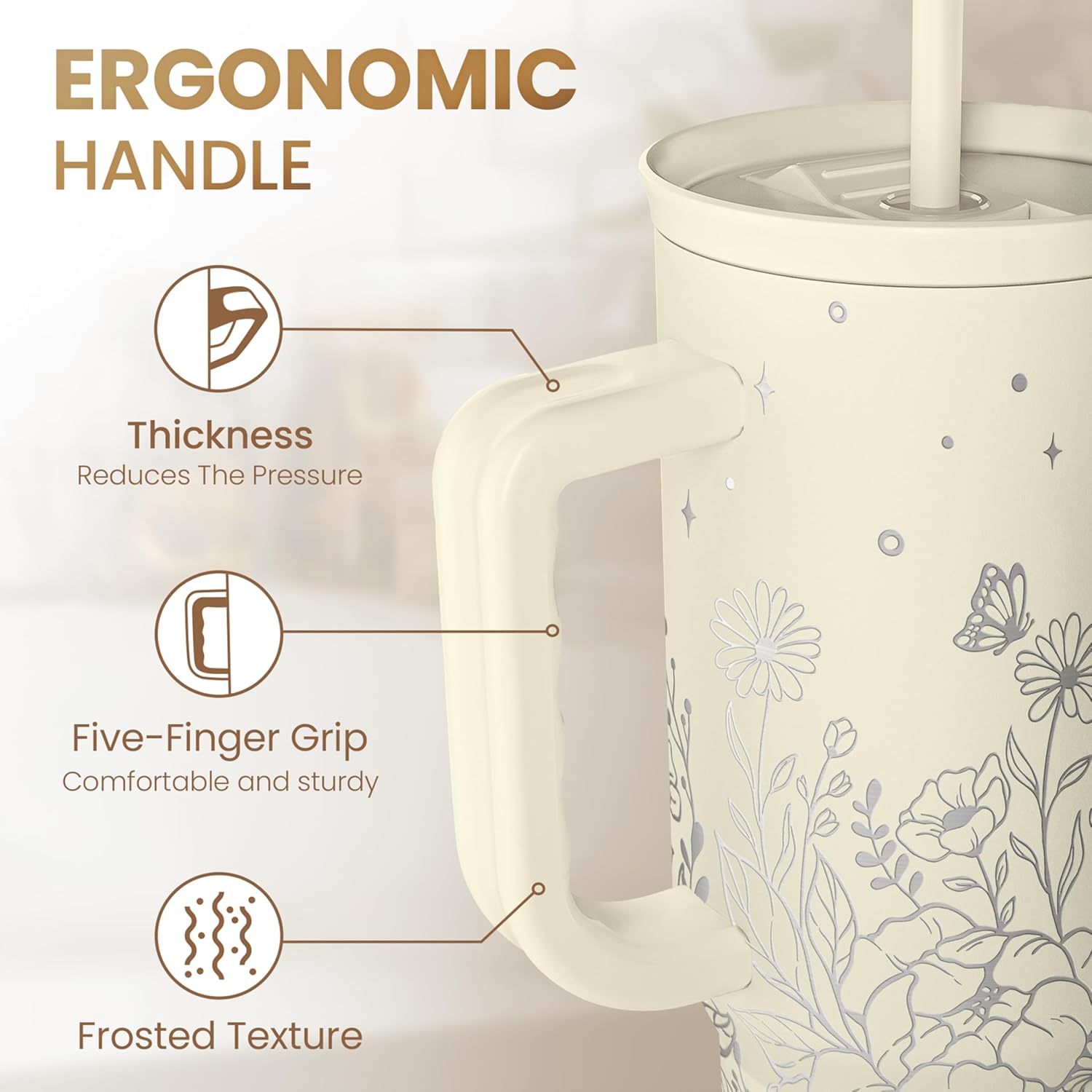 Floral Tumbler with Handle 40oz, Stainless Steel Insulated Tumblers Coffee Travel Mug Cup with Straw, Flower Coffee Cup Gifts for Women Girls, Gift for Her on Christmas Birthday Mothers Day
