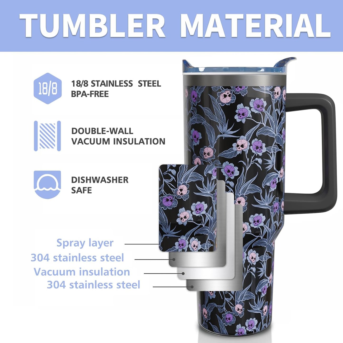 40oz Halloween Gothic Tumbler with Handle and Straw, Goth Skull Stainless Steel Insulated Cup Water Bottle, Halloween Holiday Gifts for Women Men (1PC)