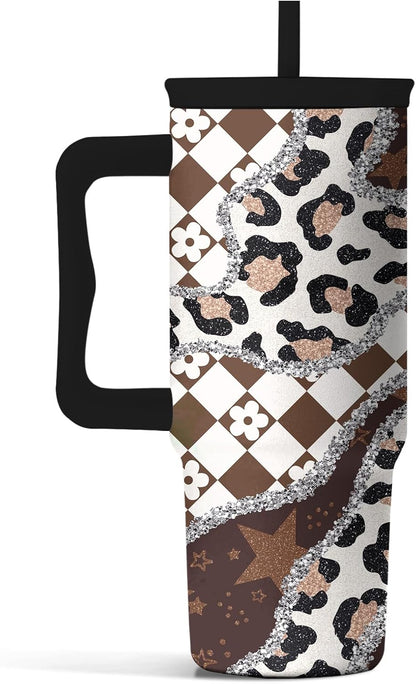 Leopard Print Tumbler 40oz with Handle and Straw - Animal Print Coffee Cup for Women, Wild Print Travel Mug, Insulated Spill Proof Cup, Cute Water Bottle