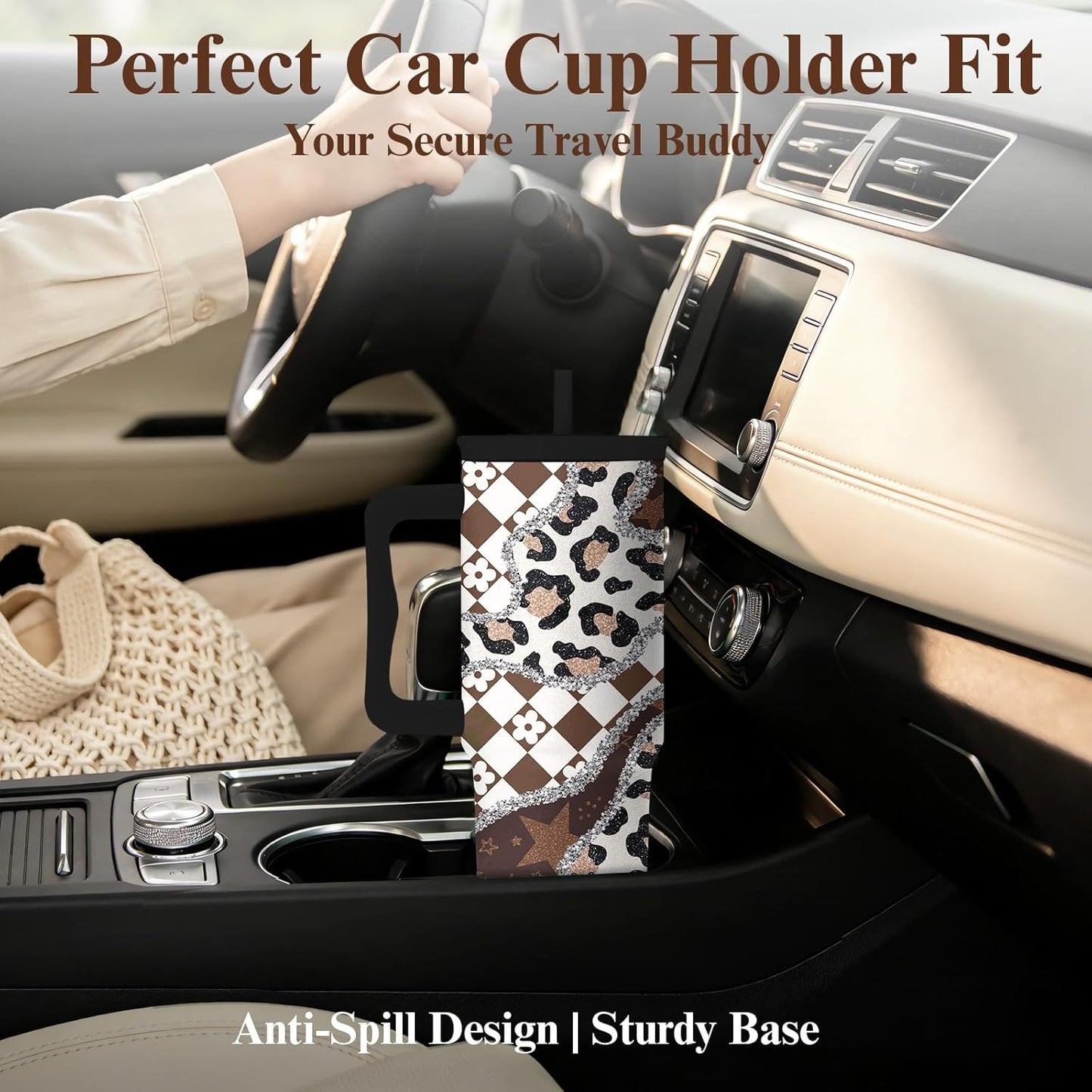 Leopard Print Tumbler 40oz with Handle and Straw - Animal Print Coffee Cup for Women, Wild Print Travel Mug, Insulated Spill Proof Cup, Cute Water Bottle