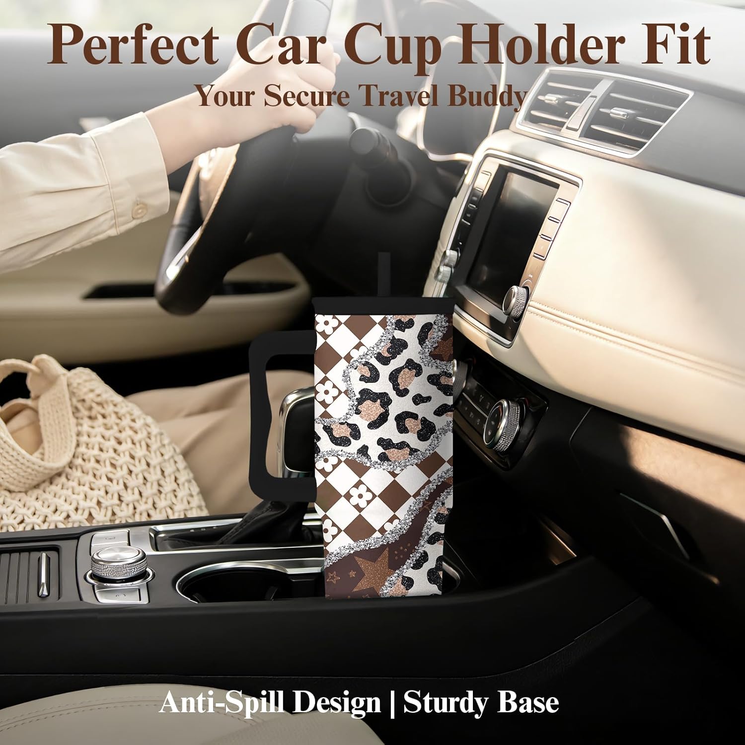 Leopard Print Tumbler 40oz with Handle and Straw - Animal Print Coffee Cup for Women, Wild Print Travel Mug, Insulated Spill Proof Cup, Cute Water Bottle