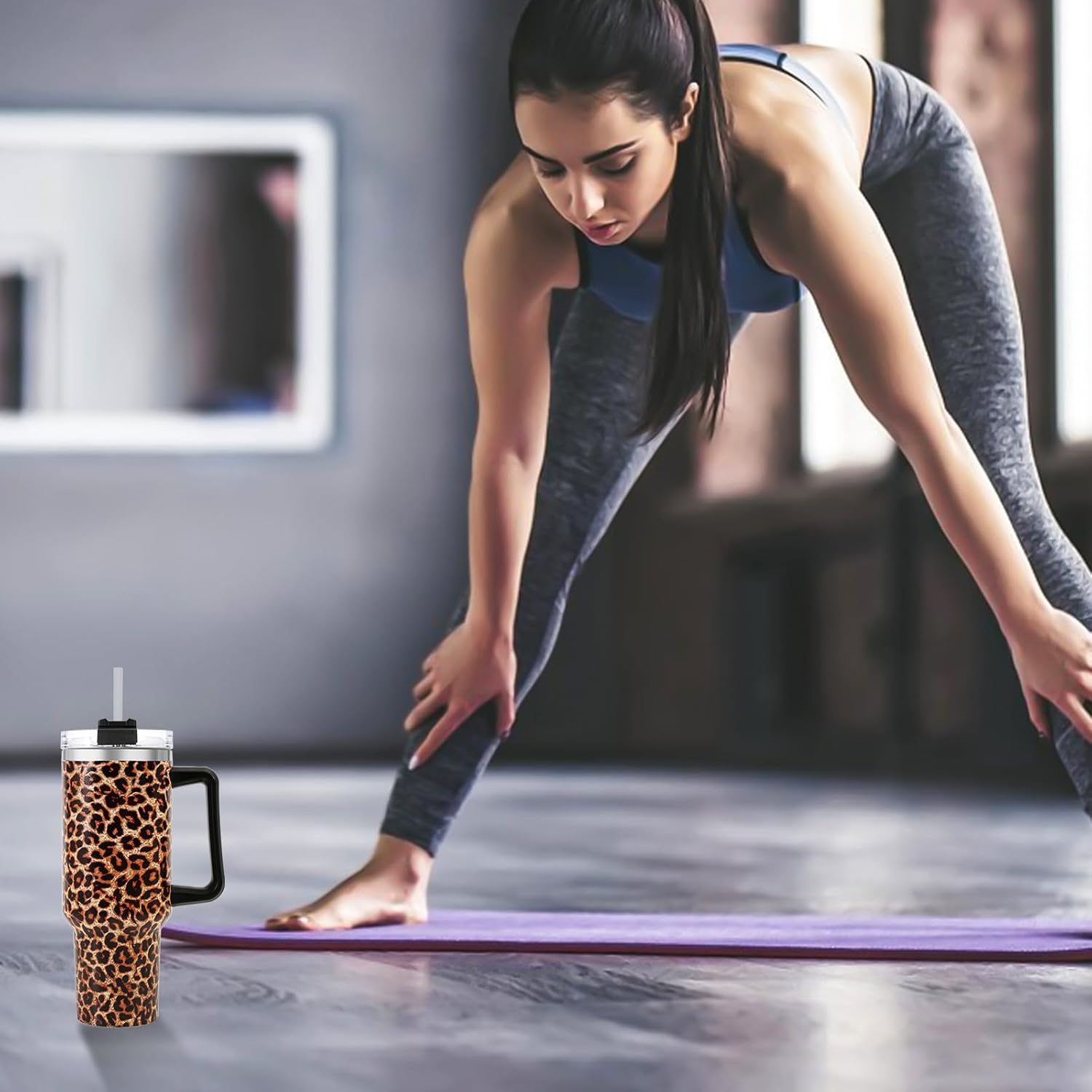 40 oz Tumbler with Handle and Flip Straw Lid, Vacuum Insulated Leak Proof Double Walled Stainless Steel Travel Mug Tumblers, Maintains Cold Ice and Heat for Hours(Leopard Brown Tumbler)