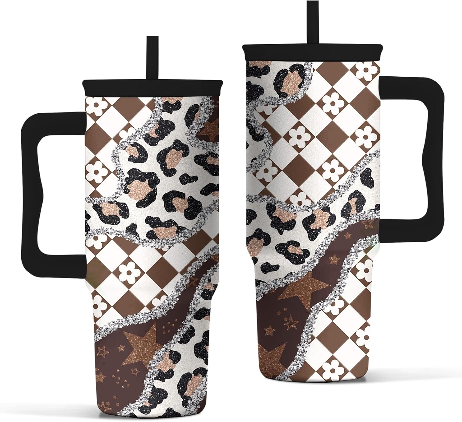 Leopard Print Tumbler 40oz with Handle and Straw - Animal Print Coffee Cup for Women, Wild Print Travel Mug, Insulated Spill Proof Cup, Cute Water Bottle